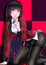 Rule 34 | 1girl, :p, absurdres, all fours, black hair, black pantyhose, blazer, blunt bangs, blush, breasts, crotch seam, feet, finger to mouth, highres, hime cut, index finger raised, jabami yumeko, jacket, kakegurui, large breasts, long hair, looking at viewer, navel, no shoes, panties, panties under pantyhose, pantyhose, red eyes, red jacket, school uniform, shushing, skirt, skirt around one leg, soles, solo, thighband pantyhose, tongue, tongue out, underwear, very long hair, xiao gen