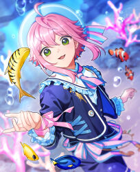 1boy :3 ahoge androgynous belt_chain black_jacket black_vest blue_hat blue_necktie blue_sash blue_shorts blurry bubble butterflyfish clownfish collar coral cowboy_shot cowlick cropped_jacket cross-laced_jacket depth_of_field ensemble_stars! fish frilled_collar frilled_sleeves frills green_eyes hand_up hat hat_ribbon himemiya_tori himemiya_tori_(atlantis) jacket layered_clothes long_sleeves looking_at_animal looking_to_the_side male_focus necktie official_alternate_costume open_clothes open_hand open_jacket open_mouth pink_hair pink_necktie pink_ribbon pink_sash puritan_collar ribbon sanshichi_(eytc4832) sash seafloor shirt short_hair_with_long_locks short_necktie shorts solo standing sun_hat surgeonfish trevally two-tone_necktie underwater vest waist_sash white_collar white_shirt wrist_ribbon