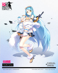 Rule 34 | 1girl, arm strap, bikini, bikini top only, blue hair, blush, boots, chinese text, closed mouth, clothes pull, covering privates, covering breasts, eyewear on head, full body, fur trim, girls&#039; frontline, hand on own chest, highres, jacket, long hair, looking at viewer, m249 saw (arctic fox) (girls&#039; frontline), m249 saw (girls&#039; frontline), o-ring, off shoulder, official alternate costume, official art, sheska xue, single sidelock, skirt, skirt pull, sleeves past wrists, solo, standing, standing on one leg, sunglasses, swept bangs, swimsuit, thigh strap, torn clothes, torn skirt, very long hair, wardrobe malfunction, yellow eyes