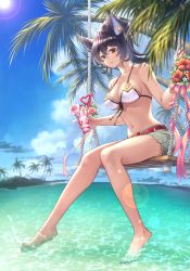 Rule 34 | 1girl, absurdres, animal ears, barefoot, belt, belt buckle, bikini, bikini top only, black hair, blue sky, breasts, buckle, cleavage, crazy straw, day, denim, denim shorts, drinking straw, eustace-flamek, floating hair, flower, front-tie bikini top, front-tie top, granblue fantasy, grey shorts, halterneck, heart straw, hibiscus, high ponytail, highres, ilsa (granblue fantasy), lens flare, long hair, looking at viewer, medium breasts, nail polish, navel, ocean, outdoors, palm tree, red belt, red flower, red nails, short shorts, shorts, sideboob, sitting, sky, solo, summer, sun, swimsuit, torn clothes, torn shorts, tree, white bikini, white flower