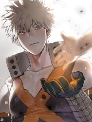 Rule 34 | 1boy, bad id, bad twitter id, bakugou katsuki, bare shoulders, black gloves, black shirt, blonde hair, boku no hero academia, closed mouth, collarbone, gloves, hand up, highres, long sleeves, looking at hand, looking down, male focus, mo (scene002a), orange shirt, red eyes, shirt, short hair, solo focus, spiked hair, toned, upper body
