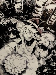 Rule 34 | 1girl, apron, bottle, braid, buttons, campfire, closed mouth, commentary, dark, dress, fire, fish, forest, full body, greyscale, hair between eyes, hat, hat ribbon, high contrast, highres, inuyama konan, kirisame marisa, log, long hair, looking at viewer, looking up, monochrome, nature, outdoors, own hands together, ribbon, shirt, shovel, sitting, smile, solo, touhou, tree, waist apron, witch hat