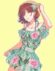 Rule 34 | 1girl, arm behind head, arm up, bare shoulders, bikini, breasts, brown hair, clenched hand, collarbone, cowboy shot, earrings, egawa satsuki, floral print, flower, green flower, green jacket, hair flower, hair ornament, hairclip, higuchi madoka, idolmaster, idolmaster shiny colors, jacket, jewelry, looking at viewer, medium breasts, mole, mole under eye, off-shoulder jacket, off shoulder, parted lips, pink flower, print jacket, see-through, see-through jacket, short hair, simple background, solo, standing, swept bangs, swimsuit, yellow background, yellow eyes