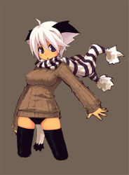 Rule 34 | 1girl, animal ears, cat ears, miyaga, original, scarf, solo, striped clothes, striped scarf, sweater, thighhighs