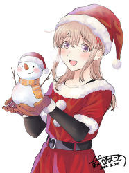 Rule 34 | 1girl, :d, amano konatsu, belt, black shirt, blush, brown gloves, christmas tree, collarbone, commentary, dated, dress, english commentary, fur-trimmed dress, fur-trimmed gloves, fur-trimmed headwear, fur trim, gloves, hagino makoto, hair between eyes, hair ribbon, happy, hat, in palms, layered sleeves, light brown hair, long hair, long sleeves, looking to the side, nettaigyo wa yuki ni kogareru, open mouth, plaid, plaid scarf, pom pom (clothes), purple eyes, red dress, red hat, red ribbon, ribbon, santa costume, santa dress, santa hat, scarf, shirt, short over long sleeves, short sleeves, signature, simple background, smile, snowman, solo, teeth, upper teeth only, white background, yellow scarf