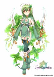 Rule 34 | 1girl, ahoge, boots, company name, copyright name, covered erect nipples, dagger, detached sleeves, dual wielding, fingerless gloves, flat chest, flower knight girl, full body, gloves, green footwear, green gloves, green hair, green skirt, green theme, green thighhighs, hair between eyes, hairband, hattori masaki, holding, holding dagger, holding knife, holding weapon, knee boots, knife, long hair, looking at viewer, mint (flower knight girl), name connection, object namesake, official art, reverse grip, skirt, smile, solo, standing, sword, thighhighs, thighhighs under boots, weapon, white background, yellow eyes