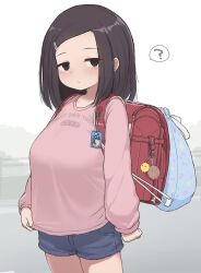 Rule 34 | 1girl, ?, backpack, bag, bag charm, black eyes, black hair, blue bag, blue shorts, blush, breasts, charm (object), closed mouth, collarbone, commentary request, expressionless, forehead, hair ornament, hairclip, highres, large breasts, long sleeves, looking at viewer, medium hair, oppai loli, original, pink shirt, randoseru, shirt, shirt overhang, shorts, simple background, solo, standing, swept bangs, tozaumo, white background