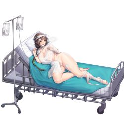 Rule 34 | 1girl, areola slip, bandages, bed, blush, braid, breasts, brown hair, bumcha, cleavage, curvy, dryad (last origin), eyepatch, eyepatch lift, feet, full body, game cg, highres, hospital bed, hospital gown, huge breasts, intravenous drip, last origin, long hair, looking at viewer, lying, official art, on side, sideboob, single braid, smile, solo, tachi-e, thick thighs, thighs, transparent background, wet, wet clothes, wide hips, yellow eyes