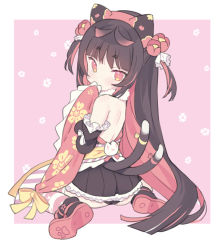 Rule 34 | 1girl, ass, backless outfit, black footwear, black hair, black panties, black skirt, black sleeves, blade (galaxist), boots, cat tail, commentary request, covered mouth, detached sleeves, floral background, flower, hair flower, hair ornament, hand up, long hair, long sleeves, looking at viewer, looking back, multicolored hair, multiple tails, nekoyama nae, panties, pink background, pleated skirt, red eyes, red flower, red hair, shoe soles, short eyebrows, skirt, sleeves past fingers, sleeves past wrists, solo, striped clothes, striped legwear, striped thighhighs, tail, thick eyebrows, thighhighs, toranoana, two-tone background, two-tone hair, two side up, two tails, underwear, very long hair, virtual youtuber, white background, wide sleeves