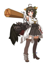 Rule 34 | 10s, 1girl, ahoge, amonitto, arm cannon, armpits, asymmetrical footwear, bad id, bad pixiv id, black hair, black thighhighs, blush, bow, cannon, cosplay, detached sleeves, grin, hair bow, hair ornament, kantai collection, kongou (kancolle), kongou (kancolle) (cosplay), mismatched footwear, nontraditional miko, red eyes, reiuji utsuho, smile, solo, thighhighs, touhou, weapon