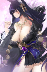 Rule 34 | 1girl, animal ears, azur lane, bare shoulders, black hair, black skirt, blush, breasts, brown eyes, cleavage, commentary request, cowboy shot, facial mark, fox ears, fur-trimmed kimono, fur trim, highres, huge breasts, japanese clothes, jewelry, kimono, long hair, long sleeves, looking at viewer, magatama, magatama necklace, musashi (azur lane), nail polish, necklace, off shoulder, parted lips, pleated skirt, revision, short kimono, skirt, smile, solo, thighs, wide sleeves, won (az hybrid)
