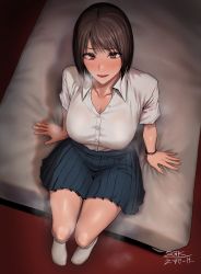 Rule 34 | 1girl, arms at sides, artist name, bangle, bed, black hair, blouse, blue skirt, blush, bracelet, breasts, buttons, cleavage, collarbone, collared shirt, female focus, fingernails, from above, full body, indoors, jewelry, kneehighs, large breasts, looking at viewer, on bed, open mouth, original, pleated skirt, school uniform, sgk, shirt, short hair, sidelocks, signature, sitting, skirt, smile, socks, solo, steam, thighs, tongue, white shirt
