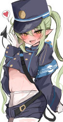 Rule 34 | 1girl, absurdres, armband, black hat, black jacket, black shorts, black tail, bloomers, blue archive, blue armband, blush, clothes down, cowboy shot, crop top, cropped jacket, eyes visible through hair, gloves, green hair, hair between eyes, hand up, hat, heart, nozomi (blue archive), highres, jacket, long hair, long sleeves, looking at viewer, midriff, open mouth, paid reward available, peaked cap, shorts, simple background, sketch, solo, spoken heart, standing, strap, sunaneko, sweat, tail, tail raised, twintails, underwear, white background, white gloves, yellow eyes