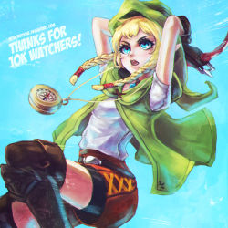 Rule 34 | 1girl, absurdres, bike shorts, blonde hair, blue eyes, boots, bow (weapon), braid, breasts, capelet, crossbow, dual wielding, eyelashes, green capelet, highres, holding, hyrule warriors, jumping, linkle, long hair, milestone celebration, monori rogue, nintendo, pointy ears, shorts, small breasts, solo, thank you, the legend of zelda, thigh boots, thighhighs, twin braids, watermark, weapon, web address