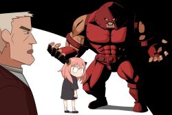 Rule 34 | 1girl, 2boys, ahoge, angry, anya (spy x family), black background, blonde hair, character request, child, commentary, crossover, flowers-imh, green eyes, hairpods, hands up, highres, jacket, juggernaut (x-men), looking at another, looking down, looking up, marvel, multiple boys, muscular, muscular male, no mouth, open mouth, pink hair, red jacket, sanpaku, short hair, spread fingers, spy x family, standing, surprised, sweatdrop, symbol-only commentary, teeth, two-tone background, veins, white background, x-men, x-men: the animated series