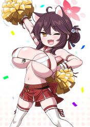 Rule 34 | 1girl, arm up, black hair, blue archive, blush, breasts, cheering, cheerleader, fang, feet out of frame, holding, holding pom poms, huge breasts, kaede (blue archive), looking at viewer, navel, one eye closed, open mouth, oppai loli, pleated skirt, pom pom (cheerleading), pom poms, red skirt, short hair, skin fang, skirt, smile, solo, thighhighs, unadare, white thighhighs, yellow eyes