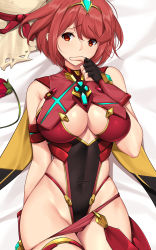 Rule 34 | 1girl, armor, bare shoulders, bed sheet, black gloves, breasts, center opening, cleavage, closed eyes, commentary, commission, cowboy shot, dakimakura (medium), english commentary, finger to mouth, fingerless gloves, flower, gem, gloves, hair ornament, hat, unworn hat, headpiece, unworn headwear, jewelry, large breasts, looking at viewer, nintendo, pyra (xenoblade), red eyes, red hair, red shorts, short hair, short shorts, shorts, solo, straw hat, swept bangs, tiara, tony guisado, xenoblade chronicles (series), xenoblade chronicles 2