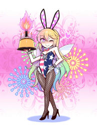Rule 34 | 1girl, ;), american flag, american flag print, animal ears, blonde hair, blush, candle, clownpiece, fairy wings, fake animal ears, fishnet pantyhose, fishnets, flag print, food, full body, gradient hair, green hair, hand on own hip, high heels, highres, holding, holding food, leotard, long hair, multicolored hair, neck ruff, one eye closed, pantyhose, pink eyes, playboy bunny, pudding, smile, solo, standing, strapless, strapless leotard, touhou, very long hair, wings, yassy
