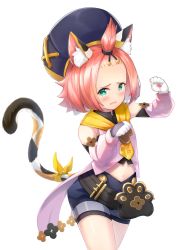 Rule 34 | 1girl, animal ears, bag, bangs pinned back, belt, cat ears, cat girl, cat tail, commentary, detached sleeves, diona (genshin impact), forehead, genshin impact, green eyes, hair ribbon, hat, highres, long sleeves, looking at viewer, midriff, navel, paw pose, paw print, pink hair, puffy detached sleeves, puffy shorts, puffy sleeves, ribbon, rizihike, short hair, shorts, sidelocks, simple background, solo, tail, thick eyebrows, white background