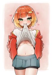Rule 34 | 1girl, blunt bangs, blush, border, breasts, character request, commentary request, copyright request, cowboy shot, gradient hair, green eyes, heart, highres, ichika (ichika manga), lifting own clothes, looking at viewer, mouth hold, multicolored hair, navel, no nose, no pupils, orange hair, pink background, pleated skirt, skirt, solo, straight-on, sweat, tsurime, underboob, white border