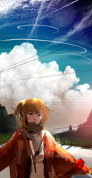 Rule 34 | 1girl, blue eyes, cloud, fence, grass, jewelry, mujiha, necklace, original, power lines, road, scarf, side ponytail, sky