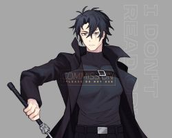 Rule 34 | 1boy, belt, black coat, black eyes, black hair, black pants, black shirt, character request, chest strap, closed mouth, coat, commentary, commission, copyright request, covered collarbone, english commentary, english text, expressionless, grey background, holding, holding sword, holding weapon, long sleeves, looking at viewer, male focus, open clothes, open coat, pants, scar, scar across eye, scar on face, shirt, short hair, simple background, skin tight, solo, sword, upper body, vento, watermark, weapon