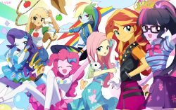 Rule 34 | 6+girls, angel bunny, applejack, bird, blonde hair, bug, butterfly, butterfly hair ornament, closed eyes, collar, colored skin, cowboy hat, crown, fluttershy, glasses, hair ornament, hat, highres, insect, jacket, lasso, long hair, multicolored hair, multiple girls, my little pony, my little pony: equestria girls, my little pony: friendship is magic, orange hair, pants, pantyhose, party cannon, pinkie pie, ponytail, purple hair, rabbit, rainbow, rainbow dash, rainbow hair, rarity (my little pony), red hair, ryuu, sci-twi, shirt, skirt, smile, spiked collar, spikes, streaked hair, sunset shimmer, twilight sparkle