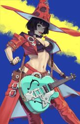 Rule 34 | arc system works, black hair, blue eyes, breasts, cleavage, fingerless gloves, gloves, guilty gear, guilty gear strive, guitar, hat, i-no, instrument, large breasts, midriff, navel, witch hat