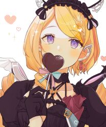 Rule 34 | 1girl, aki rosenthal, aki rosenthal (gothic lolita), black gloves, black headdress, blonde hair, collarbone, earrings, food, gloves, heart, highres, holding, holding food, hololive, jewelry, long hair, looking at viewer, official alternate costume, purple eyes, simple background, solo, swept bangs, upper body, usako (umauma0602), virtual youtuber, white background