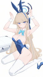 Rule 34 | 1girl, absurdres, animal ears, blonde hair, blue archive, blue eyes, blue hairband, blue leotard, bow, bowtie, breasts, briefcase, closed mouth, covered navel, detached collar, dongye1551, earpiece, full body, hairband, halo, high heels, highleg, highleg leotard, highres, leotard, long hair, looking at viewer, medium breasts, microphone, playboy bunny, rabbit ears, rabbit pose, rabbit tail, shoes, unworn shoes, simple background, sitting, solo, tail, thighhighs, thighs, toki (blue archive), toki (bunny) (blue archive), very long hair, wariza, white background, white thighhighs, wrist cuffs