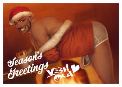Rule 34 | 1boy, bara, bare pectorals, beard, blurry, blurry background, boxer briefs, bulge, chimney, christmas, creatures (company), cup, dark-skinned male, dark skin, dreamplpe, erection, erection under clothes, facial hair, feet out of frame, game freak, grey male underwear, hat, highres, holding, holding cup, leg hair, male focus, male underwear, mature male, muscular, muscular male, nintendo, off shoulder, paid reward available, pectorals, peony (pokemon), pokemon, pokemon swsh, santa costume, santa hat, short hair, smile, solo, thighs, underwear