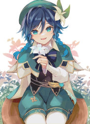 Rule 34 | 1boy, 7aka ne11, absurdres, androgynous, beret, black hair, blue hair, bow, braid, brooch, cape, collared cape, collared shirt, commentary request, corset, feathers, flower, frilled sleeves, frills, gem, genshin impact, gradient hair, green cape, green eyes, green hat, green shorts, hat, hat flower, highres, holding, holding flower, jewelry, leaf, long sleeves, looking at viewer, male focus, multicolored hair, open mouth, pantyhose, pinwheel, shirt, short hair with long locks, shorts, side braids, sidelocks, simple background, smile, solo, twin braids, venti (genshin impact), vision (genshin impact), white background, white flower, white pantyhose, white shirt