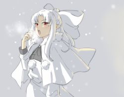 Rule 34 | 00s, 1girl, bow, breath, capelet, eu03, female focus, flat chest, hair bow, half updo, highres, long hair, melty blood, open mouth, outdoors, pointy ears, red eyes, sketch, slit pupils, snow, solo, tsukihime, white hair, white len (tsukihime)