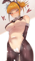 Rule 34 | 1girl, absurdres, animal ears, arms behind back, bare shoulders, blonde hair, blunt bangs, blush, boku no hero academia, bow, bowtie, breasts, cameltoe, covered erect nipples, cowboy shot, double bun, elbow gloves, fake animal ears, from below, gloves, gluteal fold, hair bun, heart, heart maebari, highres, large breasts, maebari, meme attire, navel, pouty lips, rabbit ears, revealing clothes, reverse bunnysuit, reverse outfit, sidelocks, toga himiko, tsurime, underboob, yellow eyes, zd (pixiv6210083)