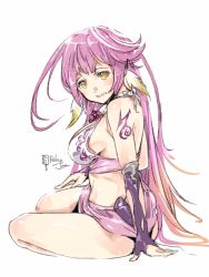 Rule 34 | 1girl, arm support, artist name, breasts, commentary request, spiked halo, crop top, gloves, gradient hair, halo, jibril (no game no life), large breasts, long hair, looking at viewer, magic circle, midriff, multicolored hair, no game no life, open mouth, pink hair, relaxjon, sideboob, sitting, smile, tattoo, very long hair, wing ears, yellow eyes