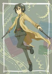 Rule 34 | 00s, 1girl, androgynous, ankle boots, black legwear, boots, expressionless, full body, galaxea, green eyes, green hair, gun, handgun, highres, holster, jacket, kino (kino no tabi), kino no tabi, leg up, long sleeves, looking at viewer, matching hair/eyes, open clothes, open jacket, pants, pocket, reverse trap, revolver, short hair, solo, standing, standing on one leg, uniform, weapon