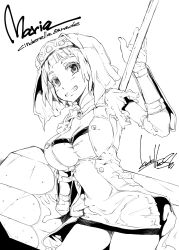 Rule 34 | 1girl, absurdres, breasts, cinderella blade, cleavage, dress, greyscale, highres, kudou hiroshi, large breasts, looking at viewer, monochrome, monochrome, short dress, short hair, short sleeves, solo, veil