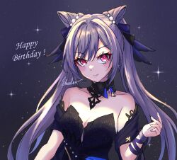 Rule 34 | 1girl, bare shoulders, black choker, black dress, blush, breasts, choker, cleavage, commentary request, cone hair bun, detached sleeves, dress, earrings, genshin impact, hair bun, hair ribbon, hand up, happy birthday, highres, jewelry, keqing (genshin impact), keqing (opulent splendor) (genshin impact), looking at viewer, medium breasts, nightsheaulan, purple background, purple ribbon, ribbon, short sleeves, smile, solo, strapless, strapless dress, twintails, upper body, wrist ribbon