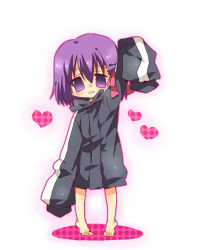 Rule 34 | 1girl, aged down, barefoot, borrowed clothes, bottomless, child, cosplay, fate/zero, fate (series), full body, hair ribbon, hood, hoodie, kiba (sonomama), matou kariya, matou kariya (cosplay), matou sakura, oversized clothes, purple eyes, purple hair, ribbon, sleeves past wrists, solo, sonomama, standing, waving, waving arm, white background
