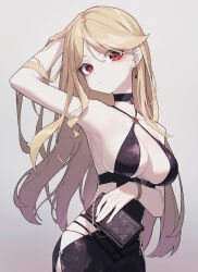 Rule 34 | 1girl, absurdres, arm up, armpits, backless dress, backless outfit, bag, beudelb, black choker, black dress, blonde hair, bracelet, breasts, choker, cleavage, closed mouth, commentary, commission, dress, earrings, english commentary, girls&#039; frontline, gradient background, hand in own hair, handbag, highres, holding, holding bag, jewelry, long hair, looking at viewer, m2hb (girls&#039; frontline), official alternate costume, pixiv commission, red eyes, simple background, solo, upper body