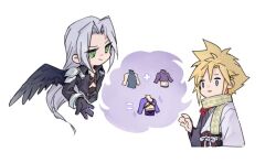 Rule 34 | 2boys, armor, belt, black coat, black gloves, black sash, black wings, blonde hair, blue eyes, chest strap, chibi, cloud strife, cloud strife (official festive garb), coat, commentary, copyright name, cropped torso, earrings, evil smile, feathered wings, final fantasy, final fantasy vii, final fantasy vii ever crisis, gloves, green eyes, grey hair, hand up, high collar, japanese clothes, jewelry, kimono, long hair, long sleeves, male focus, maoli45222137, multiple boys, official alternate costume, open clothes, open coat, open mouth, parted bangs, pauldrons, red tassel, ribbon, sash, scarf, sephiroth, sephiroth (celebratory garb), short hair, shoulder armor, simple background, single wing, smile, solo, spiked hair, symbol-only commentary, tassel, tassel earrings, upper body, white background, white ribbon, wings, yellow scarf