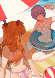 Rule 34 | 2girls, alternate costume, arm up, ass, ayanami rei, ball, bare shoulders, barefoot, beach, beach towel, beach umbrella, beachball, blue hair, bra, breasts, checkered clothes, checkered panties, cleavage, commentary request, curvy, day, facing viewer, from behind, hair between eyes, hair ornament, hair over shoulder, hairclip, highleg, highleg swimsuit, highres, light, lips, long hair, looking at viewer, looking down, medium breasts, multiple girls, neon genesis evangelion, ocean, one-piece swimsuit, orange hair, outdoors, panties, parted lips, pink bra, pink panties, recentia, red eyes, shadow, short hair, sitting, souryuu asuka langley, sunlight, swimsuit, towel, twintails, umbrella, underwear, white one-piece swimsuit