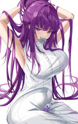 Rule 34 | 1girl, about fg, absurdres, adjusting hair, armpits, arms behind head, arms up, breasts, covered navel, dress, fern (sousou no frieren), highres, large breasts, long hair, mouth hold, potion, purple eyes, purple hair, ribbed dress, simple background, sleeveless, sleeveless dress, solo, sousou no frieren, very long hair, white background, white dress