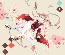Rule 34 | 1girl, :d, ahoge, blue eyes, brown hair, cherry blossoms, detached sleeves, dutch angle, hair ornament, hatoichi reno, highres, japanese clothes, long hair, looking at viewer, open mouth, original, phantasy star, phantasy star online 2, pleated skirt, skirt, smile, solo, thighhighs, twintails, white thighhighs