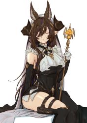 Rule 34 | 1girl, absurdres, animal ears, asymmetrical hair, breasts, brown hair, closed eyes, detached sleeves, earrings, expressionless, frilled sleeves, frills, galleon (granblue fantasy), gloves, granblue fantasy, hair between eyes, highres, horns, jackmackerel aji, jewelry, large breasts, long hair, pointy ears, solo, veil, very long hair, wand, white gloves