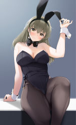 Rule 34 | 1girl, animal ears, arm up, bare arms, bare shoulders, black bow, black hairband, black leotard, black neckwear, black pantyhose, blue background, blush, bow, bowtie, breasts, brown hair, cleavage, closed mouth, commentary request, detached collar, fake animal ears, fed (giba), feet out of frame, gradient background, hairband, head tilt, highleg, highleg leotard, highres, knee up, leotard, light frown, long hair, looking at viewer, medium breasts, original, pantyhose, playboy bunny, rabbit ears, sitting, strapless, strapless leotard, wrist cuffs, yellow eyes