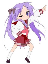Rule 34 | 00s, 1girl, absurdres, female focus, full body, highres, hiiragi kagami, lucky star, one eye closed, pointing, school uniform, shoes, skirt, socks, solo, standing, tagme, transparent background, vector trace