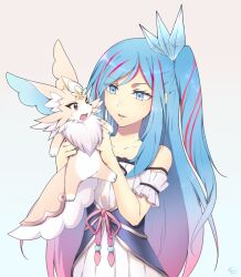 Rule 34 | 1girl, arm scrunchie, bare shoulders, blue eyes, blue hair, brown eyes, collarbone, creature, dress, duel monster, gradient hair, holding, holding creature, multicolored hair, mzroas, one side up, open mouth, parted lips, pink hair, purrely, rilliona (yu-gi-oh!), signature, simple background, sweatdrop, witchcrafter madame verre, yu-gi-oh!