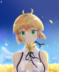 Rule 34 | 1girl, ahoge, artist name, artoria pendragon (all), artoria pendragon (fate), bad id, bad pixiv id, black ribbon, blonde hair, blue sky, blush, chinchongcha, collarbone, day, fate/unlimited codes, fate (series), field, floating hair, flower, flower field, green eyes, hair between eyes, highres, holding, holding flower, looking at viewer, neck ribbon, outdoors, petals, ribbon, saber lily, shirt, short hair, sky, sleeveless, sleeveless shirt, smile, solo, upper body, white shirt, yellow flower