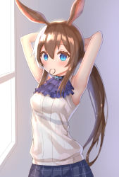 Rule 34 | 1girl, amiya (arknights), animal ears, arknights, armpits, arms behind back, arms up, bad id, bad pixiv id, bare shoulders, blue eyes, blue neckwear, blue skirt, blush, breasts, brown hair, commentary request, hair between eyes, hair tie in mouth, highres, long hair, looking at viewer, mouth hold, ponytail, rabbit ears, ribbed shirt, shirt, skirt, sleeveless, sleeveless shirt, small breasts, smile, solo, tying hair, upper body, very long hair, white shirt, yuetsu